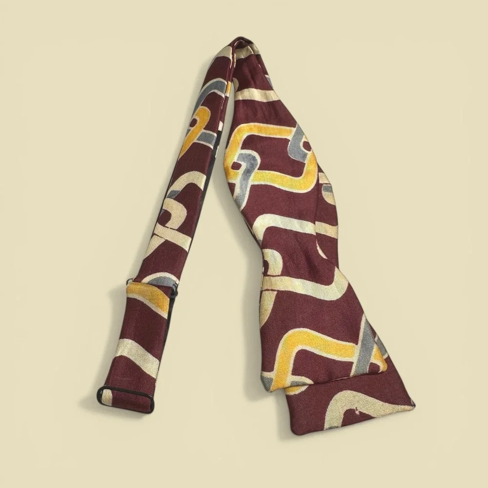 Vintage U-SET SIZE Mens Bowtie Burgundy Yellow Abstract Geometric Self Tie 13-16